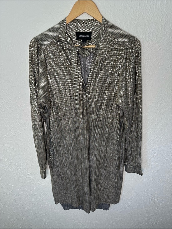 Sabrina Musayev Dresses & Skirts - Sabrina Musayev Metallic Pleated Blouse Womens Medium Gold Silver Tie Neck Top